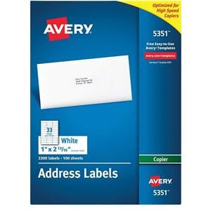 Avery White Copier Address Labels 1" x 2 13/16" Box Of 3300 3300/Bx