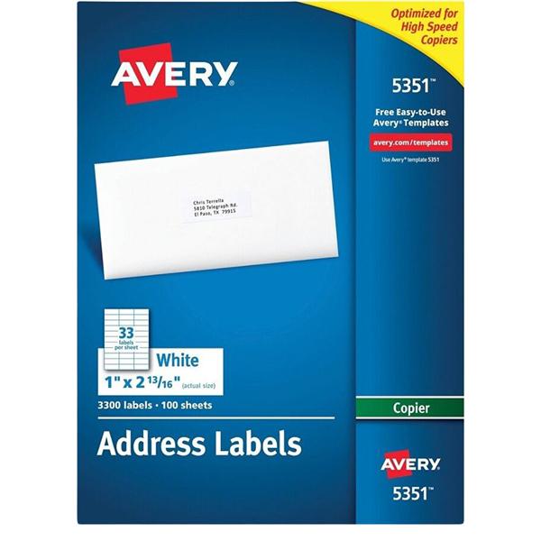 Avery White Copier Address Labels 1" x 2 13/16" Box Of 3300 3300/Bx