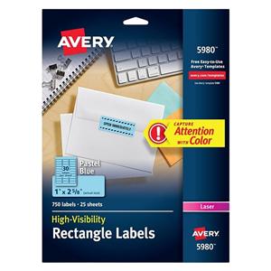 Avery Laser Address Labels 1 in x 2 5/8 in Blue Pastel 750/Pack 750/Bx