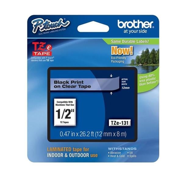 Brother TZe-131 Black-On-Clear Tape 0.5" x 26.2' 1/PK