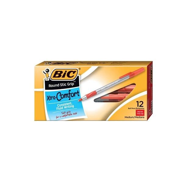 BIC Grip BallPt Pen Medium Point 1.2 mm White Barrel Red 12/Pack 12/Pk