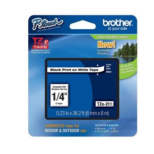 Brother TZe-211 Black-On-White Tape 0.25" x 26.2' 1/PK