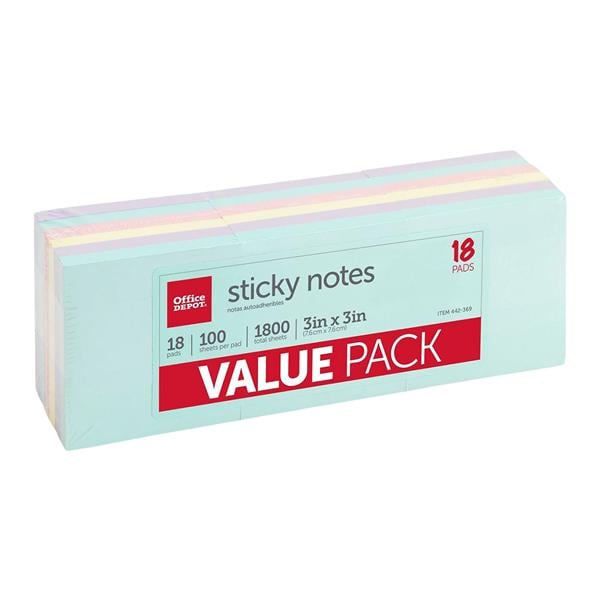 Self-Stick Notes 3 in x 3 in Assorted 100 Sheets/Pad 18/Pack 18/Pk