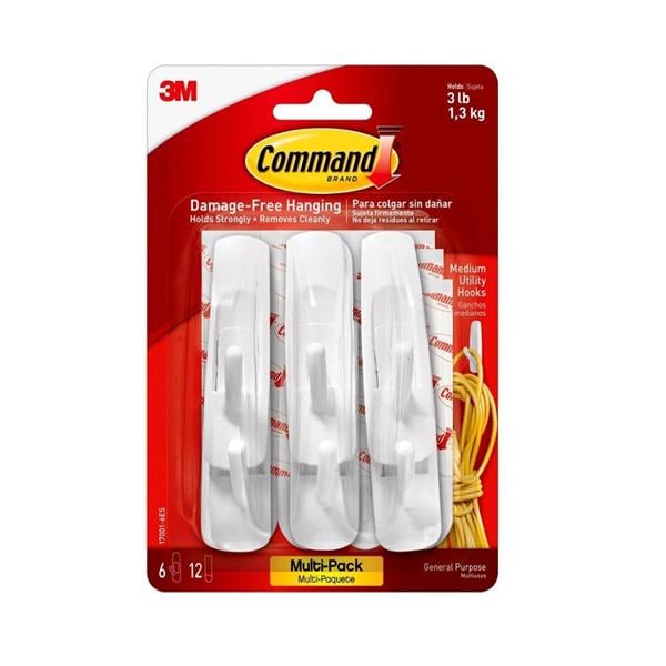 3M Command Utility Hooks Medium White 6/Pack 6/Pk