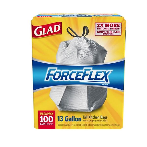 Glad ForceFlex Drawstring Trash Bags 13 Gallons White 100/Bx