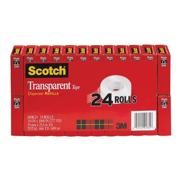 Scotch Clear Transparent Tape 1 in Core 3/4 in x 1000 in 24/Pack 24/Pk