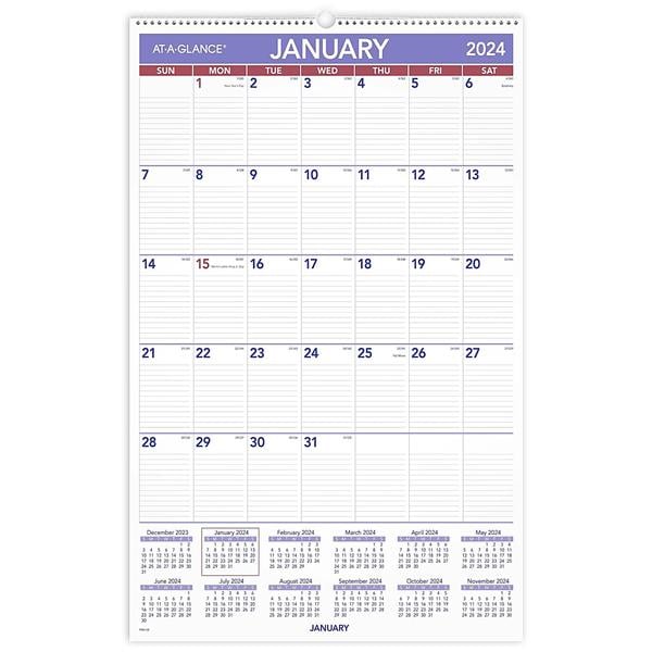 2024 AT-A-GLANCE® Mnthly Wl Calendar, 20x30", Blk/White, Jan-Dec 2024, PM428 Ea