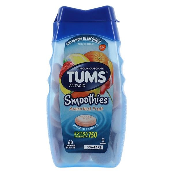 Tums Smoothies Antacid Chewable Tablets 750mg Assorted Fruit Twist Cap 60/Bt, 36 BT/CA