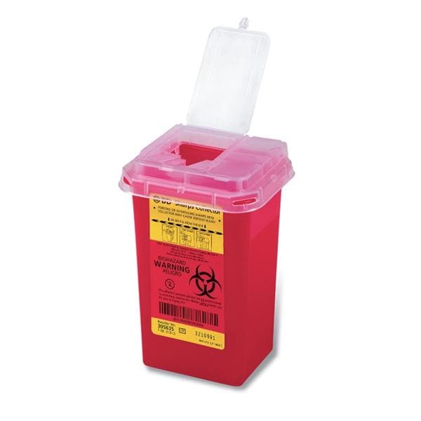 Sharps Container 1qt Red/Clear 3-9/10x4-9/10x7" Needle Ports Plastic Ea